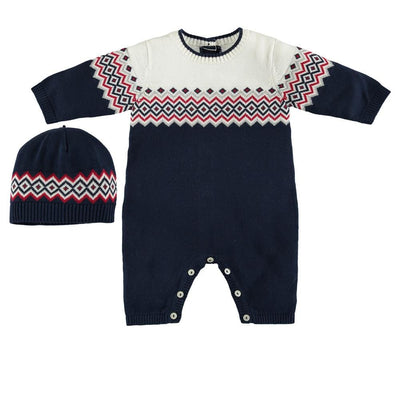 Emile Et Rose Jimmy Navy Knitted Babygrow & Hat Set - Babysuit