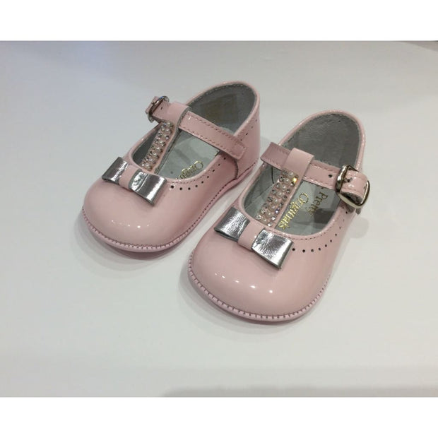 Pretty Originals Pink Patent Silver Diamanté Bow T-Bar Shoes Ue03286 - Shoes