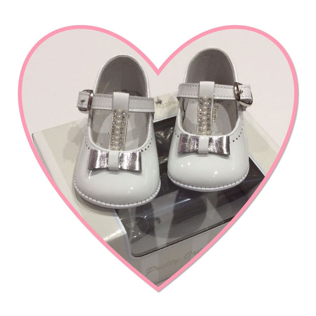 Pretty Originals White Patent Silver Diamanté Bow T-Bar Shoes Ue03286 - Shoes
